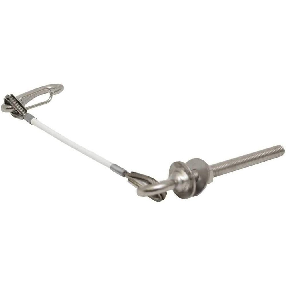 Lewmar 8" stainless steel anchor safety strap with white cable and two clips.