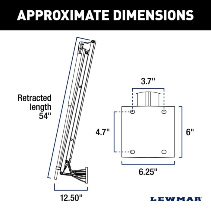 Line drawing of Lewmar Axis electric shallow water anchor dimensions: 54" retracted length, 12.5" width.