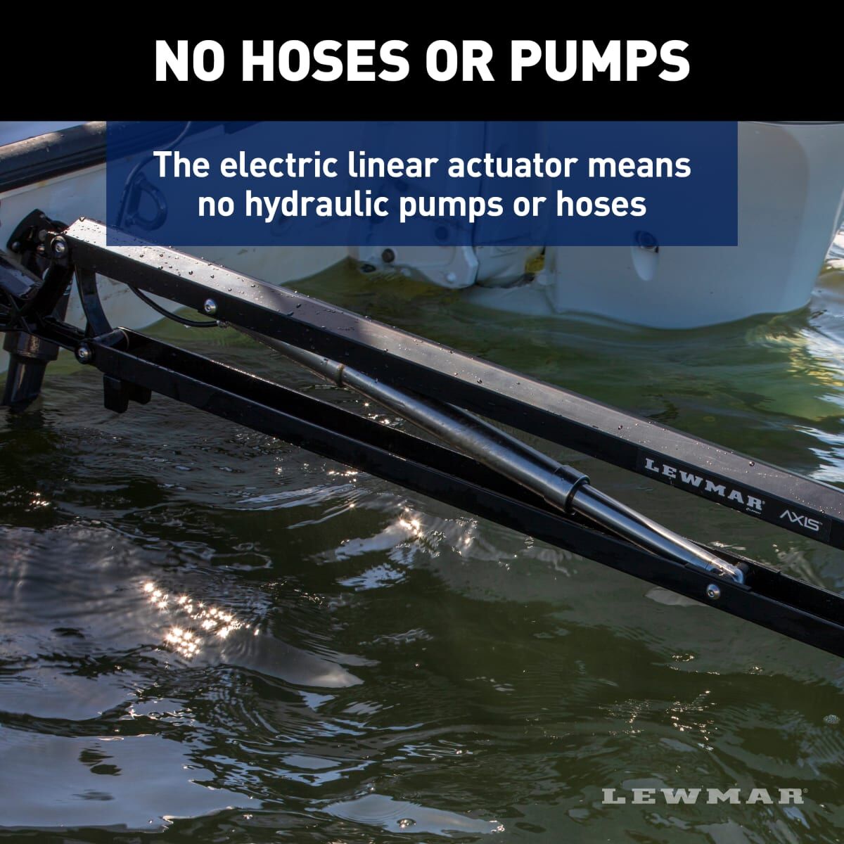 Black Lewmar Axis electric shallow water anchor with a silver linear actuator on a boat.