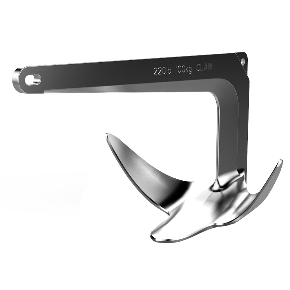 Lewmar 22lb stainless steel Claw anchor with a polished finish and sharp flukes.