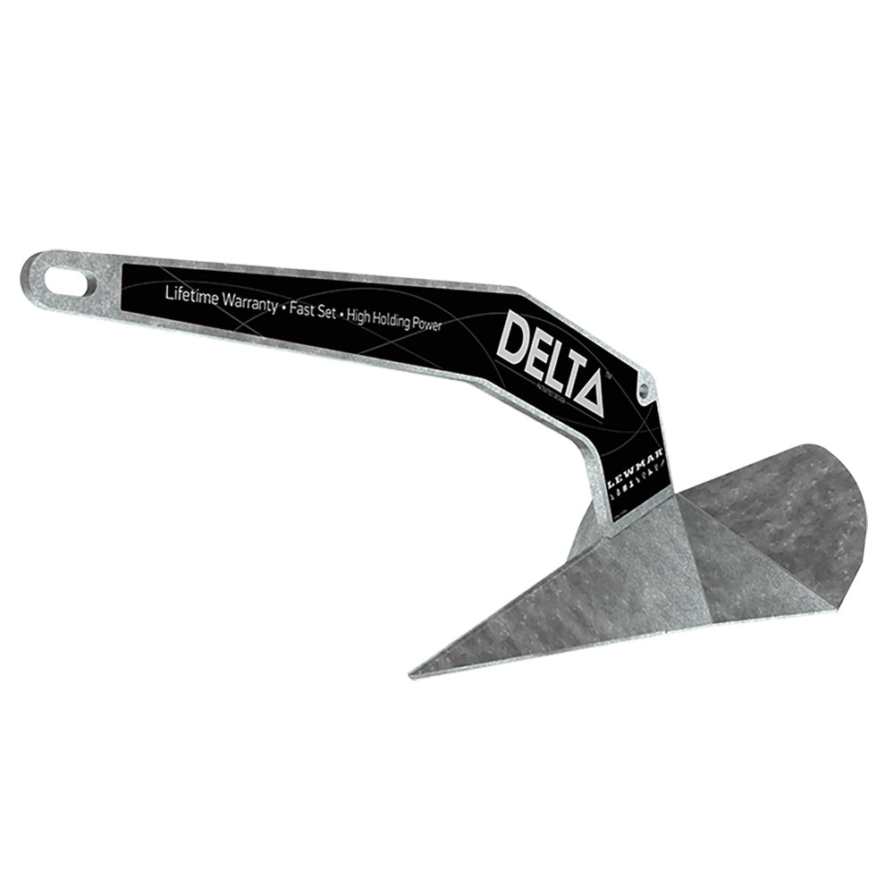 Lewmar Delta 35lb galvanized anchor with black label, self-launching design.
