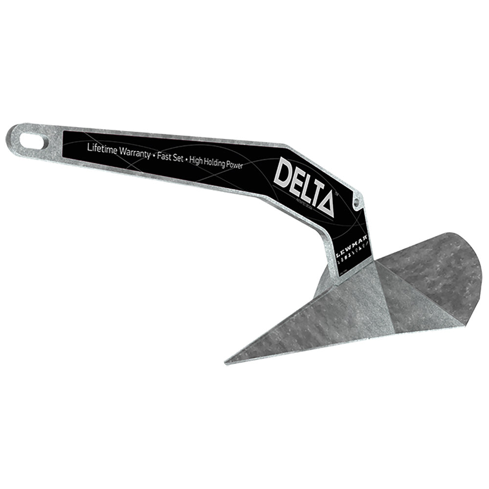 Lewmar Delta 9lb galvanized anchor with black label, self-launching design.