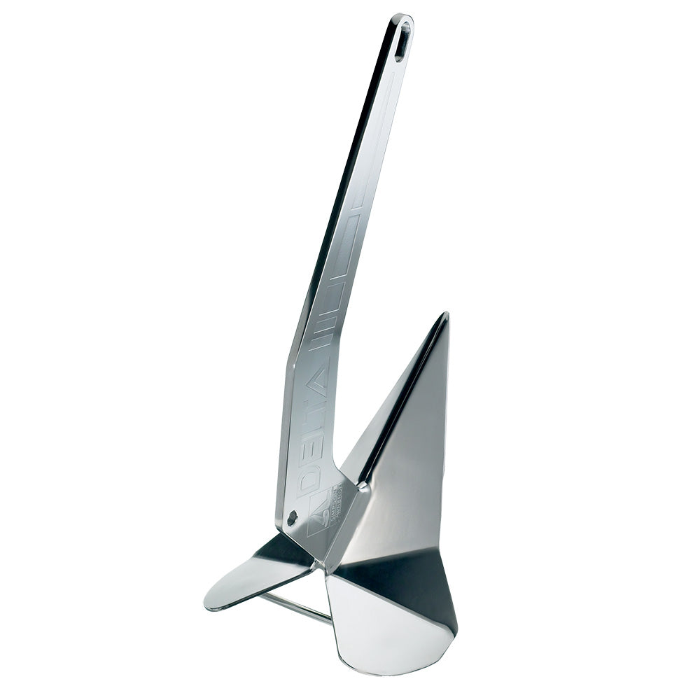 Lewmar Delta 22lb stainless steel anchor with a polished finish and sharp, self-righting design.