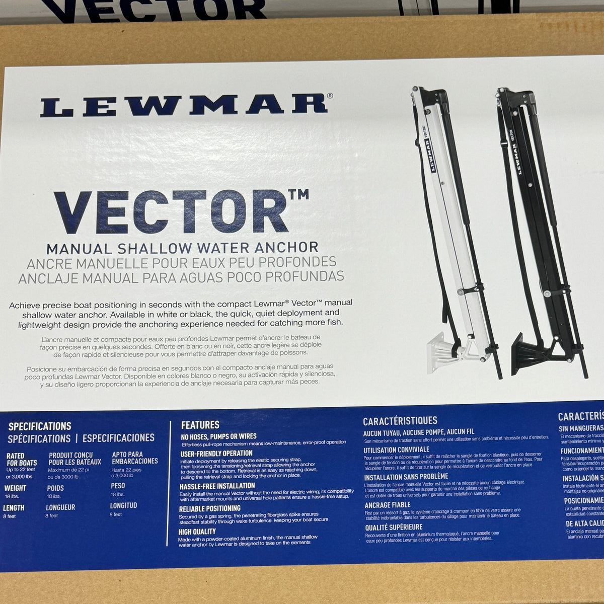 Black Lewmar Vector manual shallow water anchor for boats, with mounting hardware.