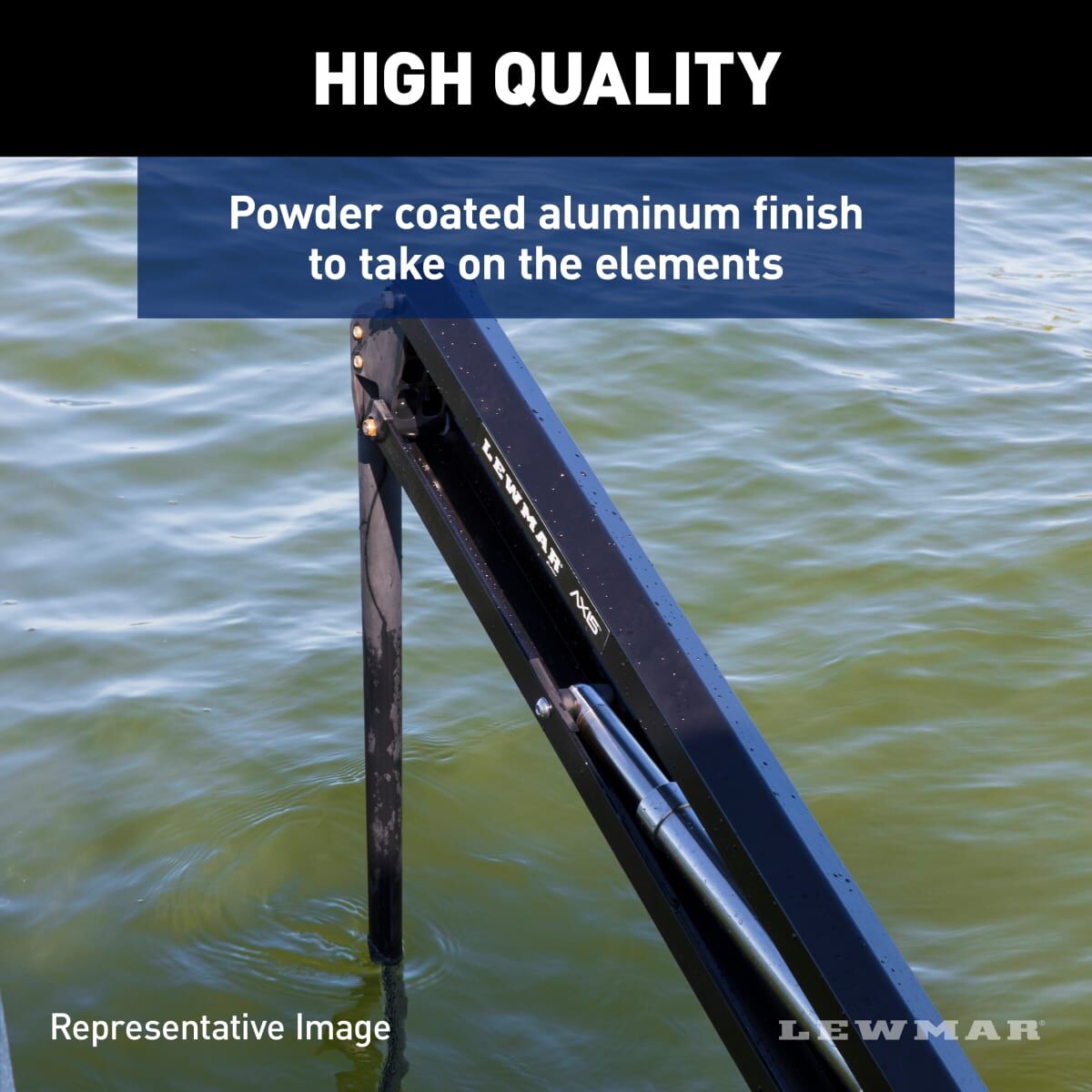 Black Lewmar Vector manual shallow water anchor with powder-coated aluminum finish, partially submerged.