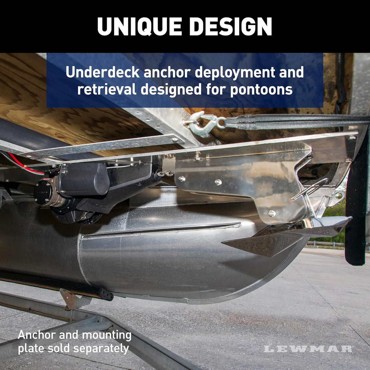 Lewmar Venta under-deck electric pontoon anchor winch with a silver housing, mounted discreetly.