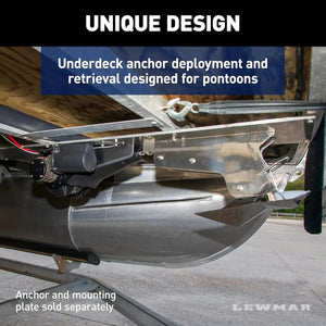 Lewmar Venta under-deck electric pontoon anchor winch with a silver housing, mounted discreetly.