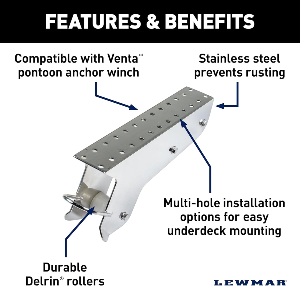 Silver stainless steel pontoon anchor winch bracket with multi-hole mounting and durable Delrin rollers.