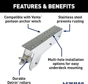 Silver stainless steel pontoon anchor winch bracket with multi-hole mounting and durable Delrin rollers.