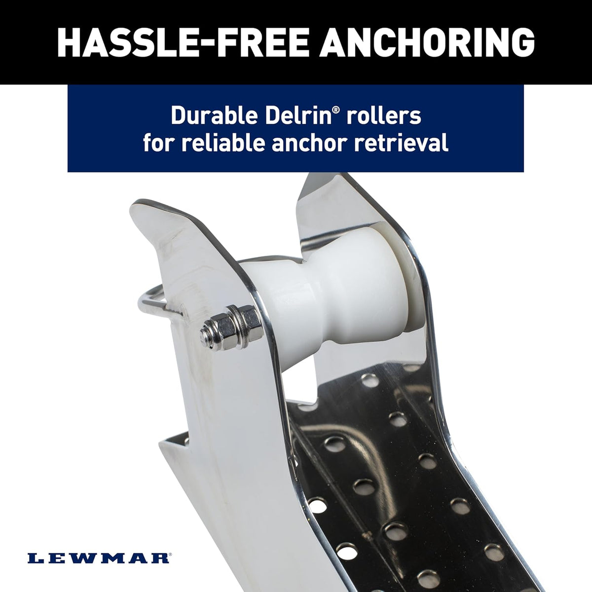 Lewmar Venta pontoon anchor winch with polished stainless steel frame and white Delrin rollers.