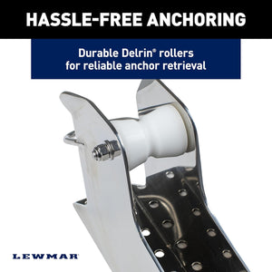 Lewmar Venta pontoon anchor winch with polished stainless steel frame and white Delrin rollers.