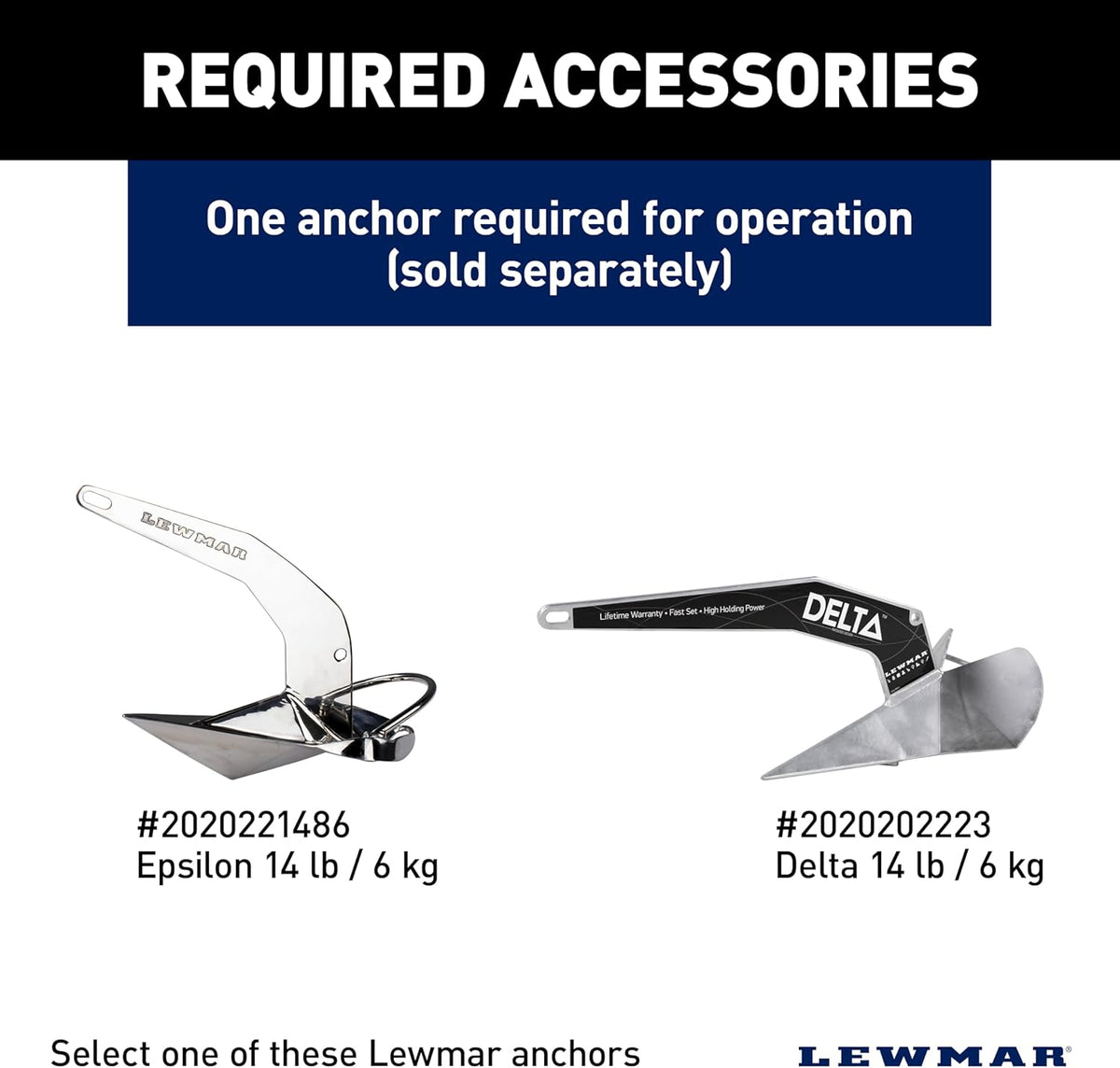 Two Lewmar anchors: a silver Epsilon and a black and silver Delta, both 14 lb / 6 kg.