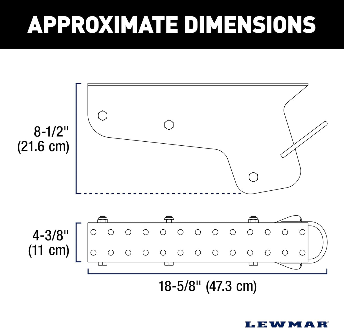 Lewmar Venta electric pontoon anchor winch dimensions: 18-5/8" long, 8-1/2" tall, 4-3/8" wide.