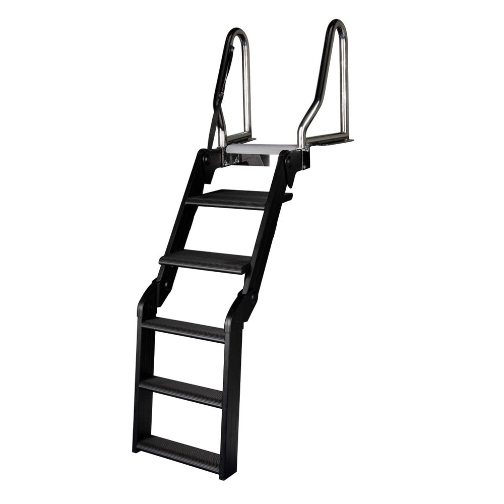 Black 4-step Lippert SureStep pontoon boat ladder with wide, slip-resistant steps and stainless steel handrails.