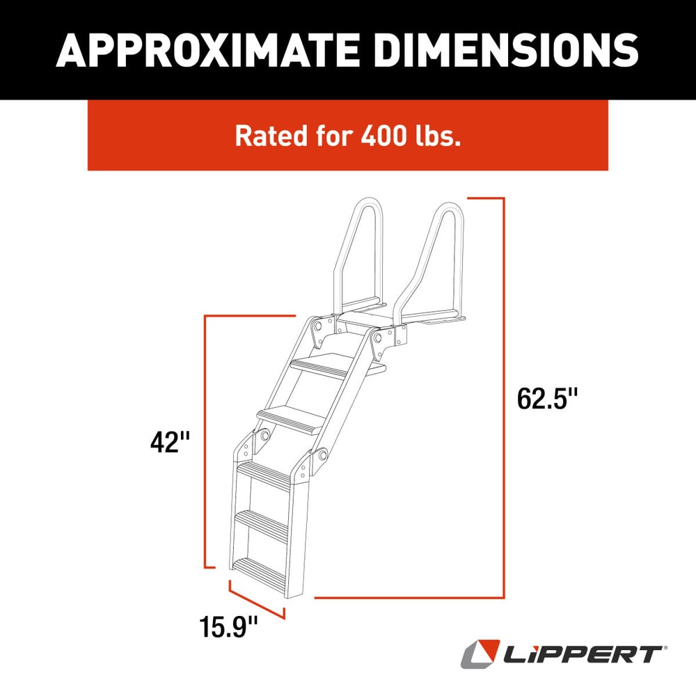 Lippert SureStep pontoon boat ladder dimensions: 62.5" tall, 15.9" wide, 42" deep, rated for 400 lbs.