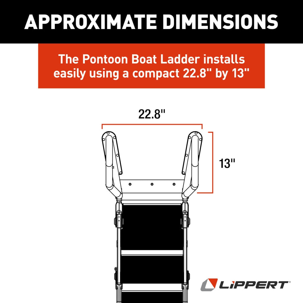 Lippert SureStep pontoon boat ladder dimensions: 22.8" wide by 13" deep, black with silver rails.