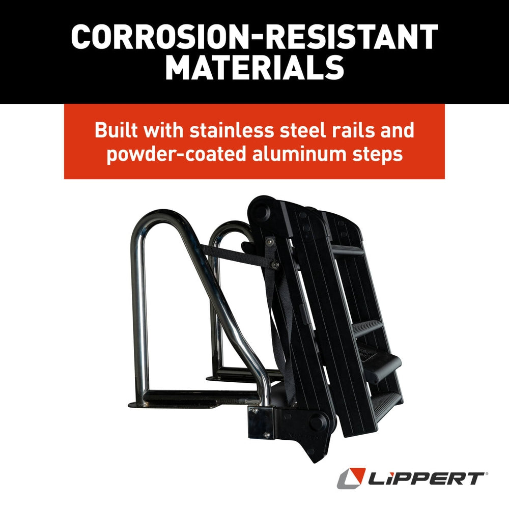 Black Lippert SureStep pontoon boat ladder with stainless steel rails and powder-coated aluminum steps.