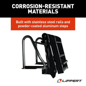 Black Lippert SureStep pontoon boat ladder with stainless steel rails and powder-coated aluminum steps.