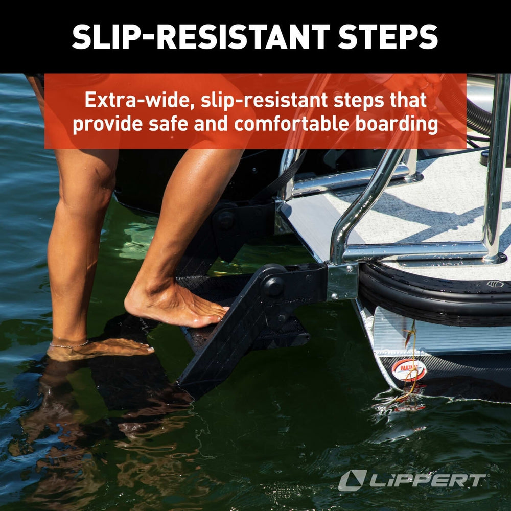 Bare feet on black, extra-wide, slip-resistant steps of a Lippert SureStep pontoon boat ladder in water.