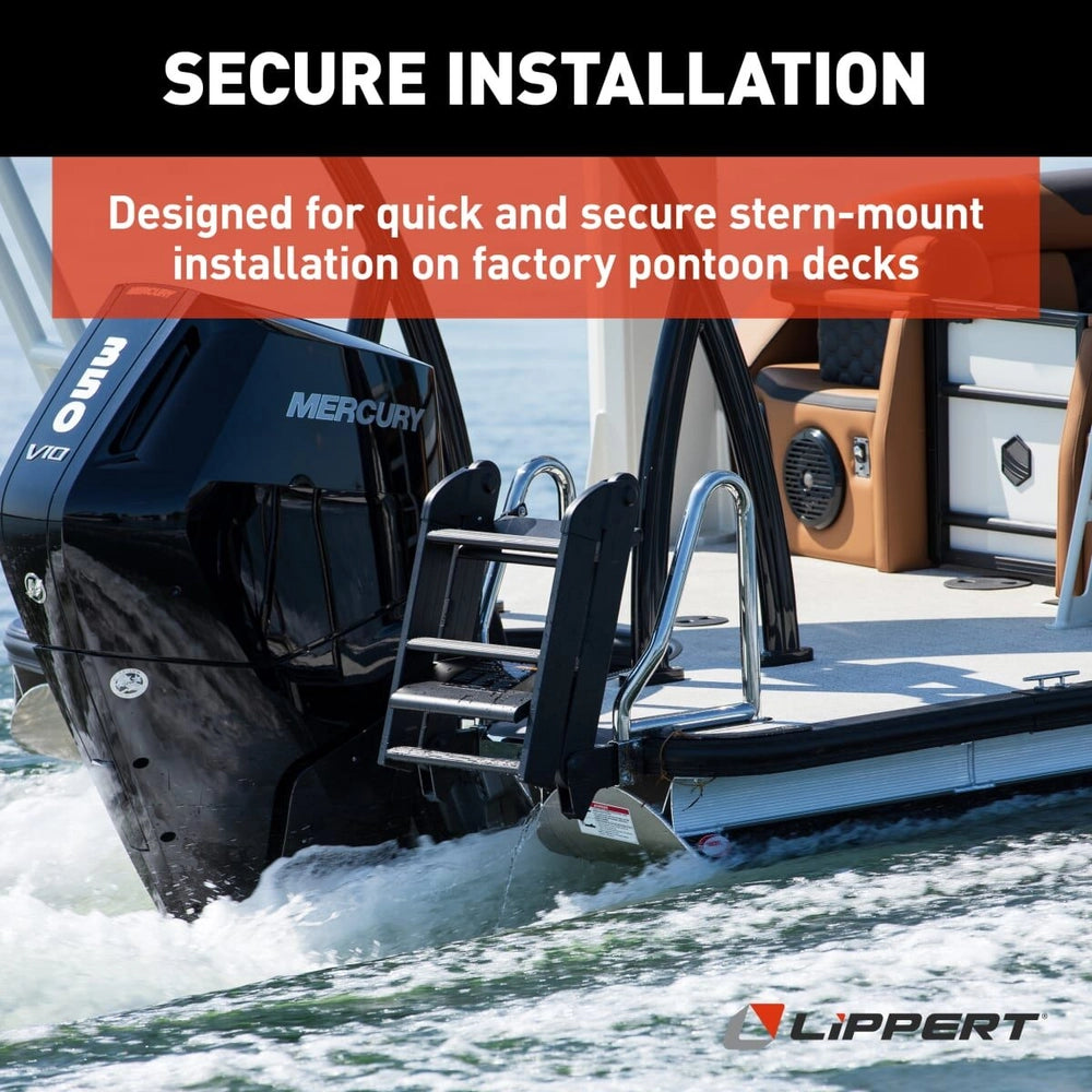 Lippert SureStep pontoon boat ladder with wide, slip-resistant steps, stern-mounted on a black Mercury outboard.