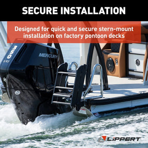 Lippert SureStep pontoon boat ladder with wide, slip-resistant steps, stern-mounted on a black Mercury outboard.
