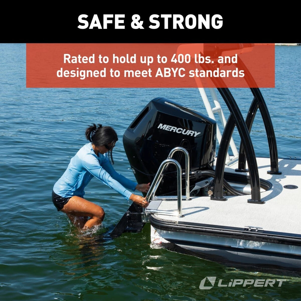 Woman in water using a silver Lippert SureStep pontoon boat ladder with black steps.