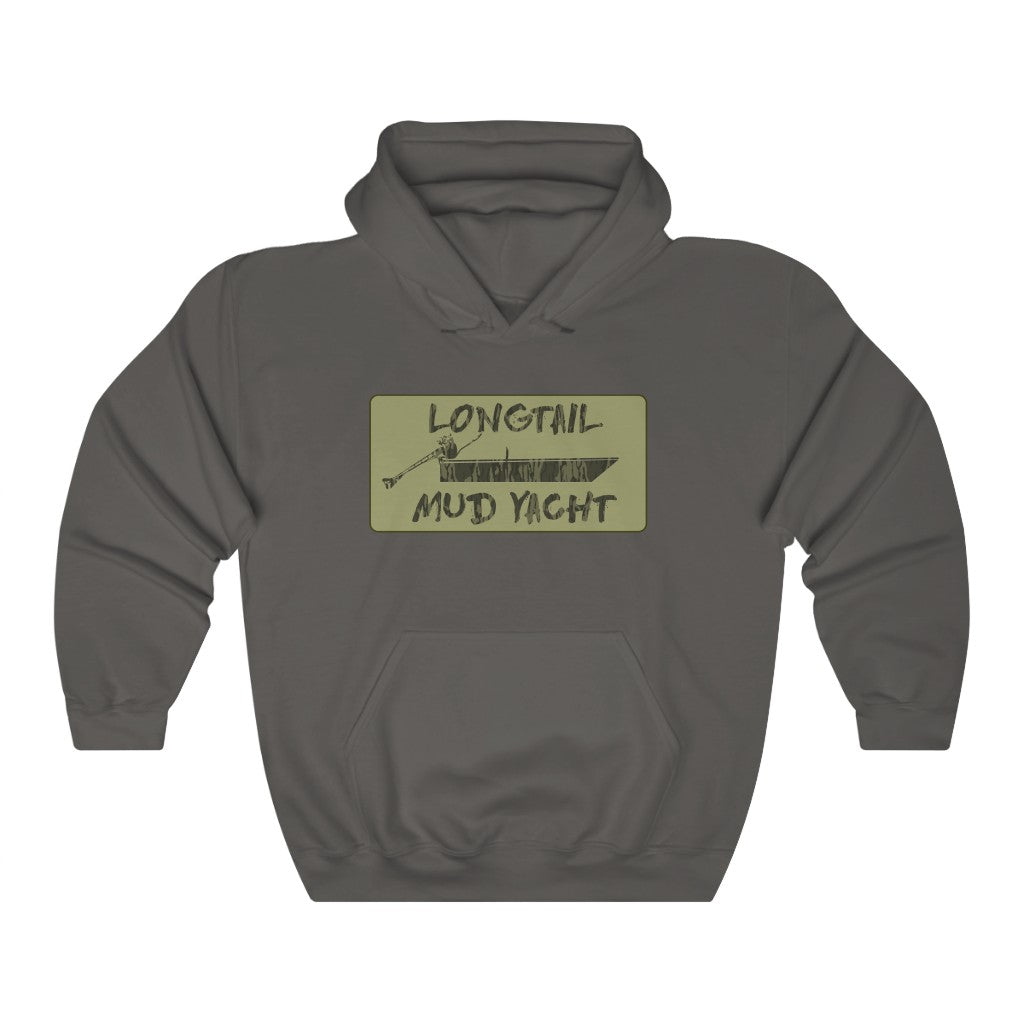 Charcoal gray Longtail Mud Yacht hooded sweatshirt with front pouch pocket.