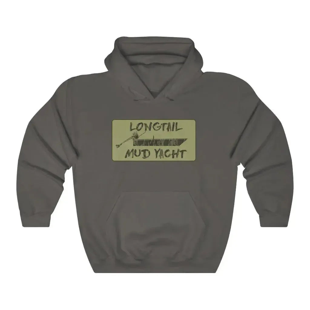 Charcoal gray Longtail Mud Yacht hooded sweatshirt with front pouch pocket.
