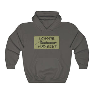 Charcoal gray Longtail Mud Yacht hooded sweatshirt with front pouch pocket.