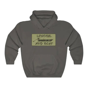 Charcoal gray Longtail Mud Yacht hooded sweatshirt with front pouch pocket.