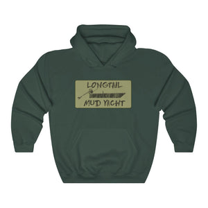 Longtail Camo Hooded Sweatshirt in dark green with "LONGTAIL MUD YACHT" graphic.