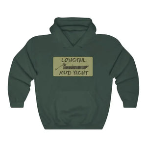 Longtail Camo Hooded Sweatshirt in dark green with "LONGTAIL MUD YACHT" graphic.