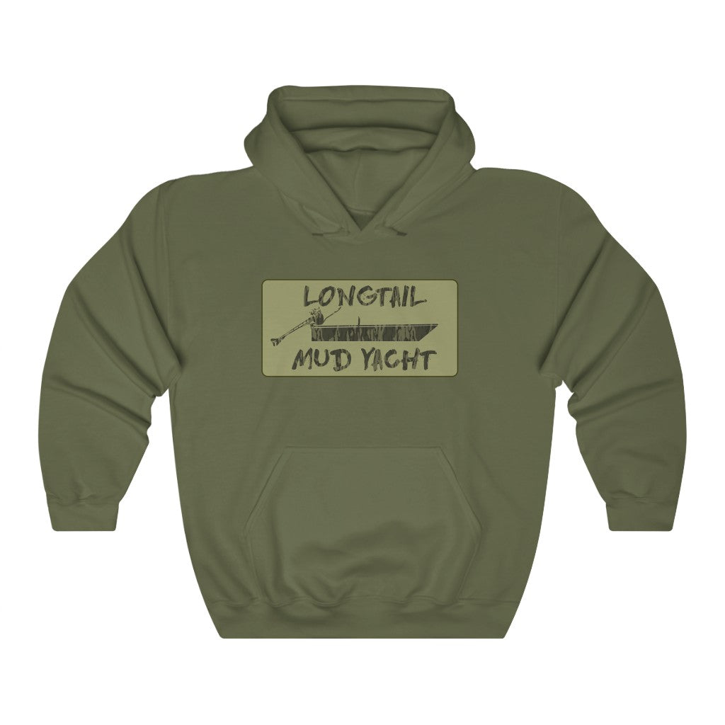 Olive green Longtail Camo Hooded Sweatshirt with "LONGTAIL MUD YACHT" graphic and front pocket.