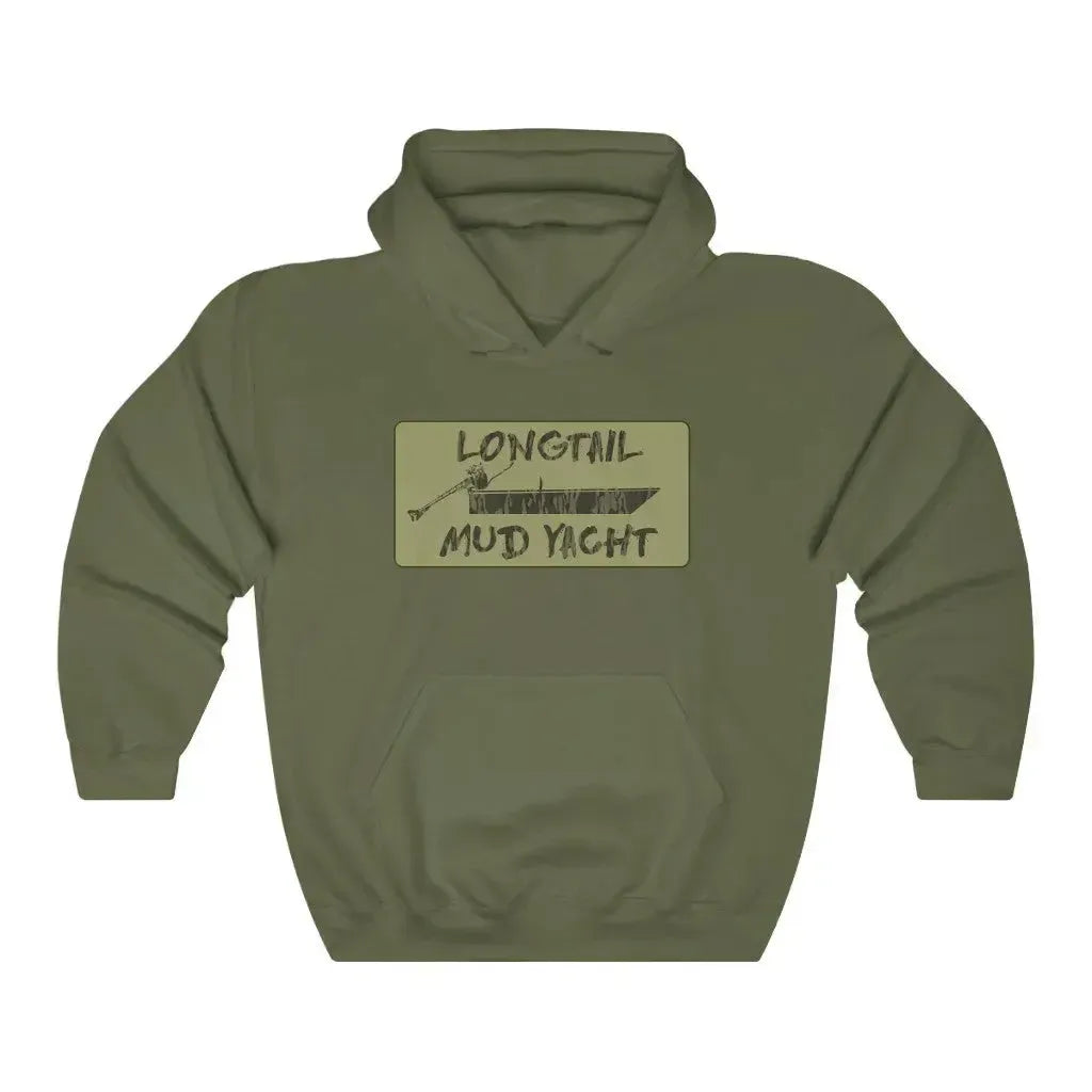 Olive green Longtail Camo Hooded Sweatshirt with "LONGTAIL MUD YACHT" graphic and front pocket.