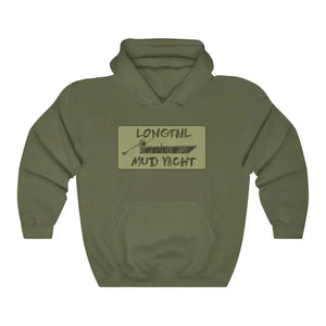 Olive green Longtail Camo Hooded Sweatshirt with "LONGTAIL MUD YACHT" graphic and front pocket.