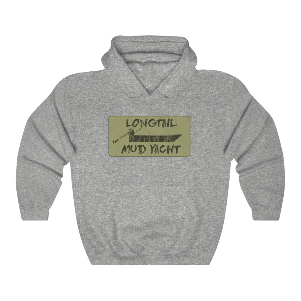 Gray Longtail Camo Hooded Sweatshirt with "Longtail Mud Yacht" graphic featuring a boat.