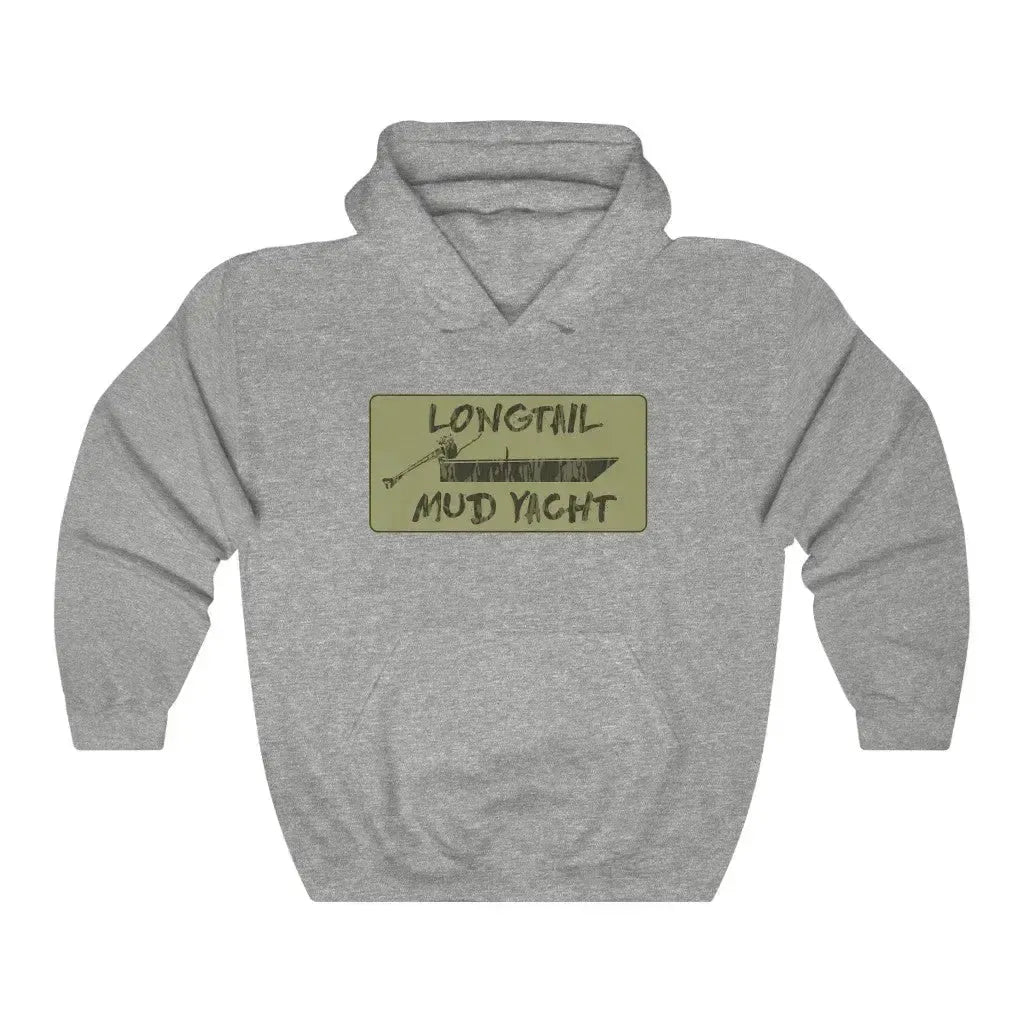 Longtail Camo Hooded Sweatshirt in dark green with "LONGTAIL MUD YACHT" graphic.