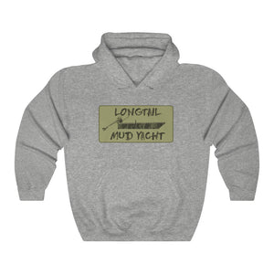 Gray Longtail Camo Hooded Sweatshirt with "Longtail Mud Yacht" graphic featuring a boat.