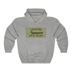 Gray Longtail Camo Hooded Sweatshirt with "Longtail Mud Yacht" graphic featuring a boat.