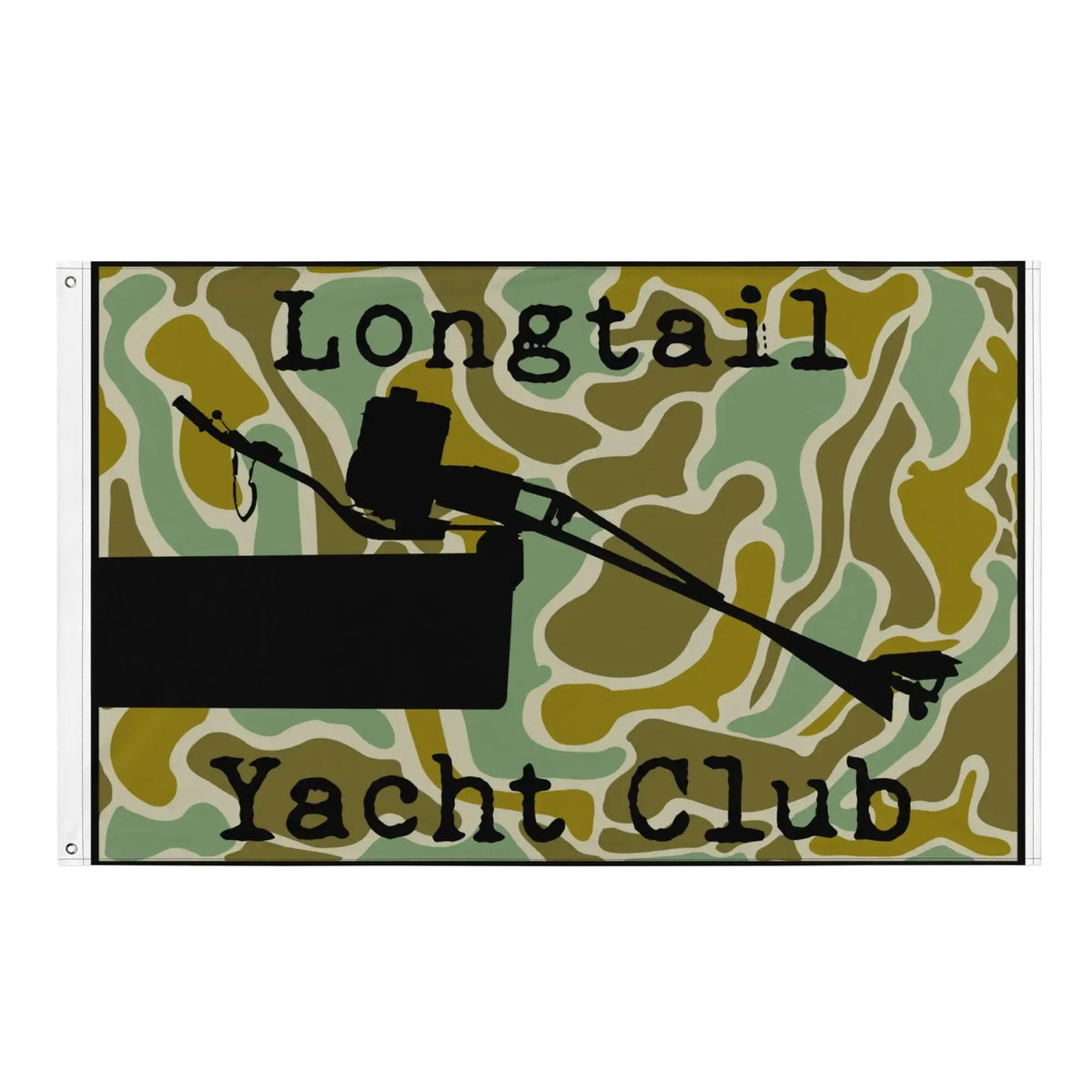 Longtail Yacht Club flag with a green and brown camouflage pattern, black longtail motor silhouette, and two grommets.