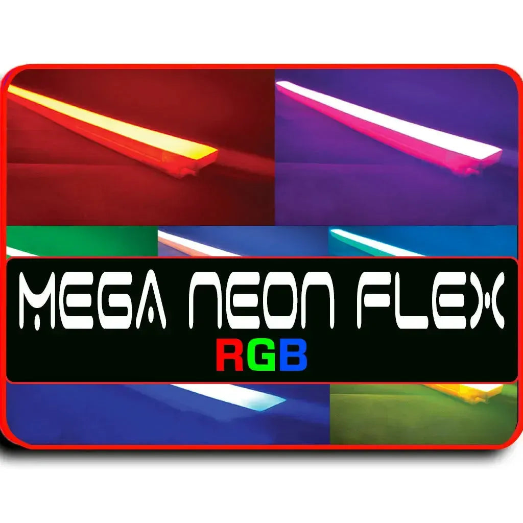 RGB MEGA LED Neon Flex strips in various colors, showcasing their bright, uniform illumination.