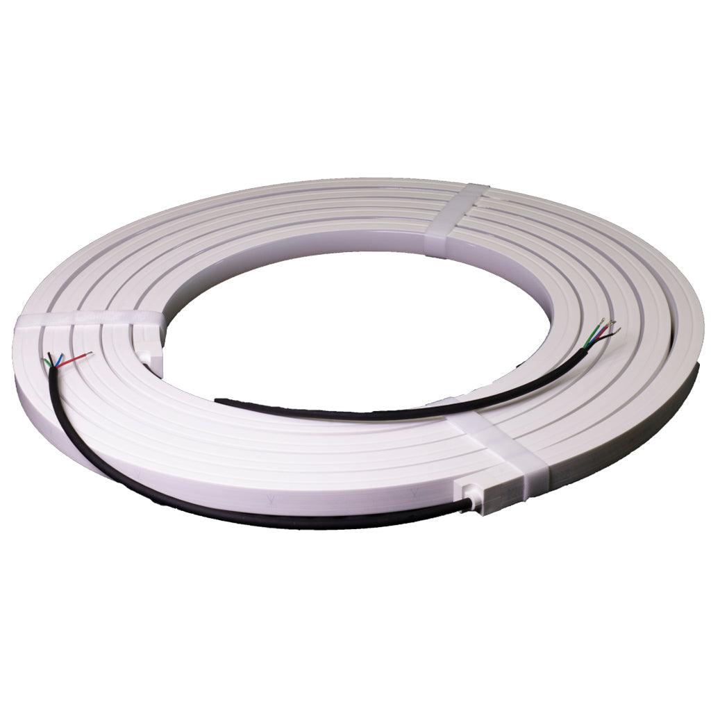 Coiled white MEGA LED Neon Flex RGB strip with exposed wires, ready for outdoor lighting.