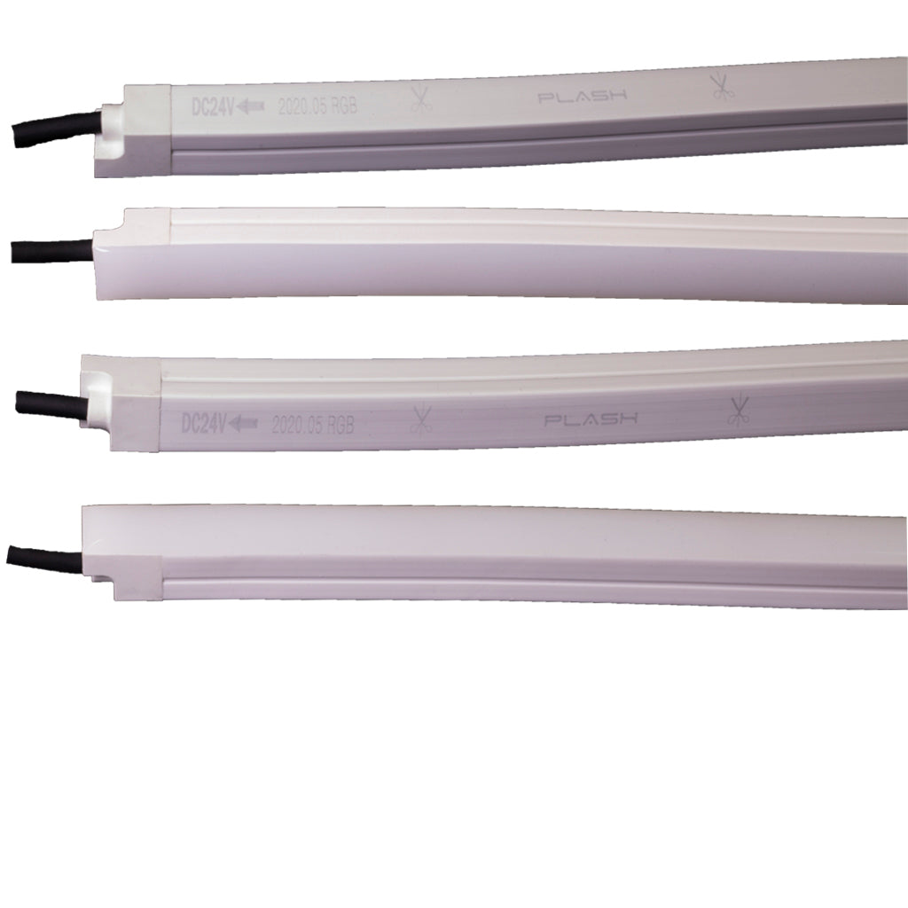 Four white MEGA LED Neon Flex RGB strips with black wires, showing "DC24V" and "PLASH" branding.