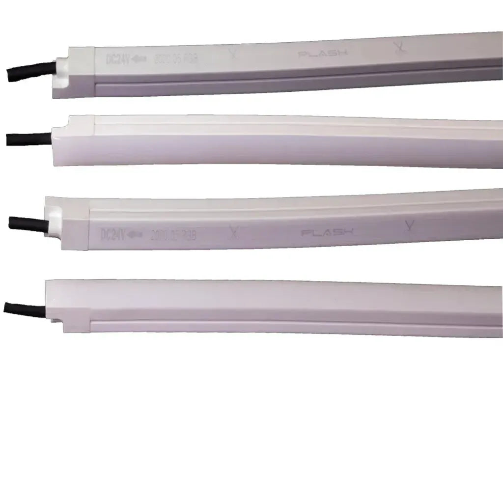 Four white MEGA LED Neon Flex RGB strips with black wires, showing "DC24V" and "PLASH" branding.