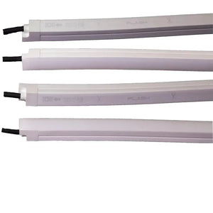 Four white MEGA LED Neon Flex RGB strips with black wires, showing "DC24V" and "PLASH" branding.