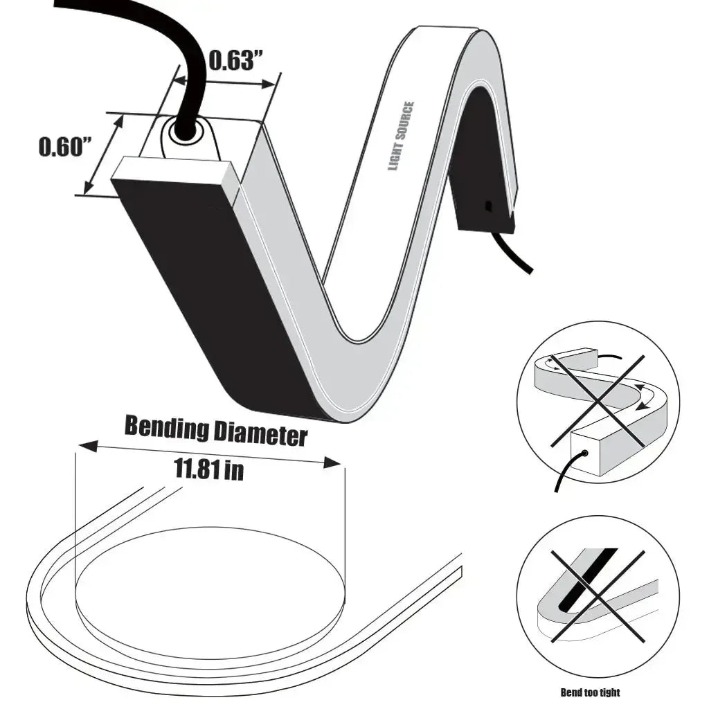 Diagram of a flexible LED neon strip, showing 0.63" width, 0.60" height, and 11.81" bending diameter.