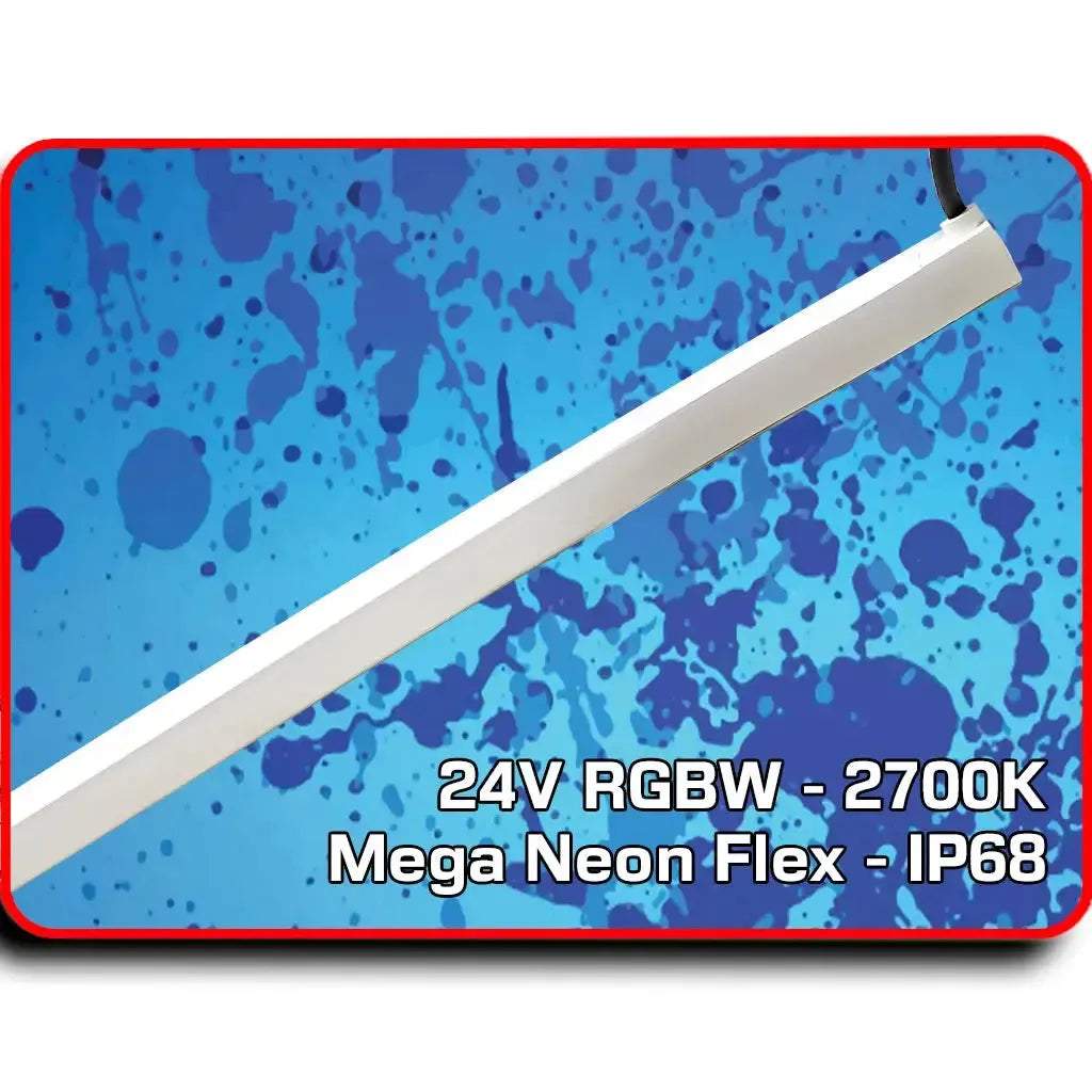 White rectangular Mega LED Neon Flex strip light with black wire, on a blue splatter background.