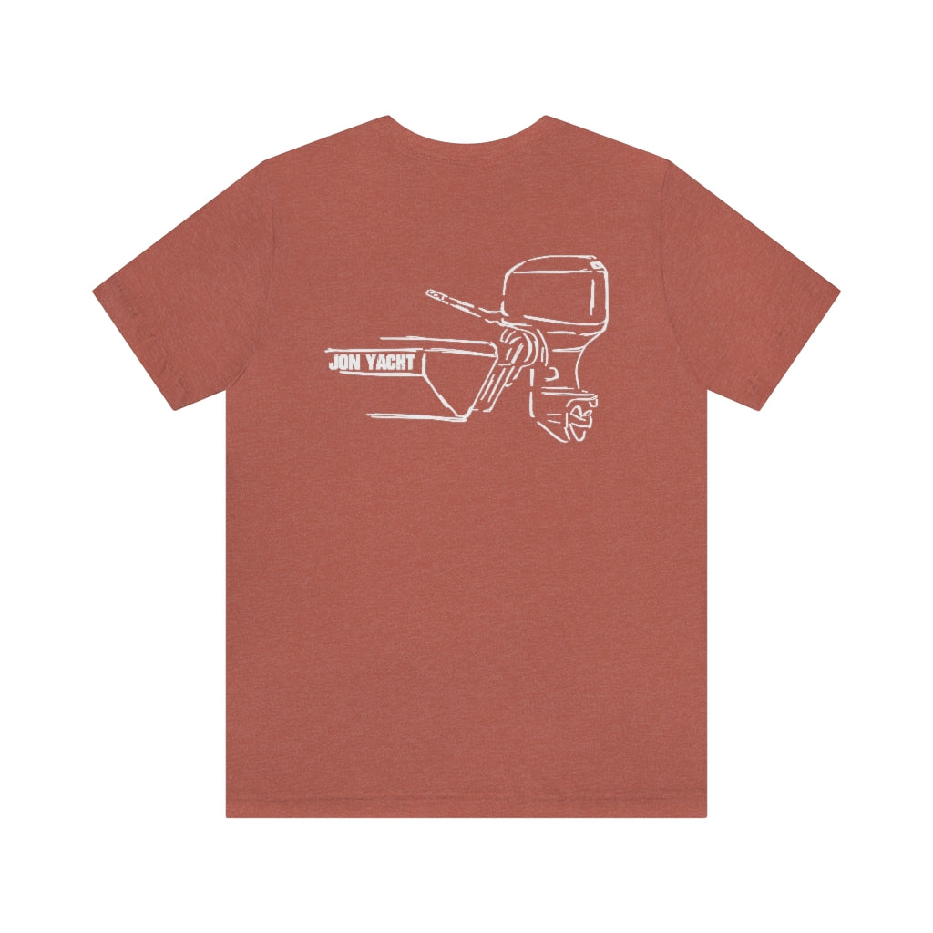 MERC Tiller short sleeve tee in brick red with white "JON YACHT" boat and outboard motor graphic.
