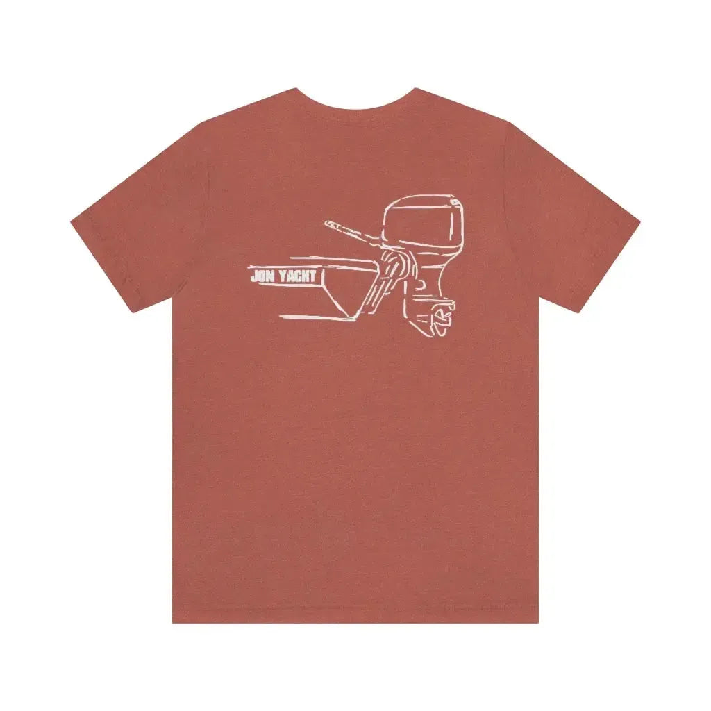 MERC Tiller short sleeve tee in brick red with white "JON YACHT" boat and outboard motor graphic.