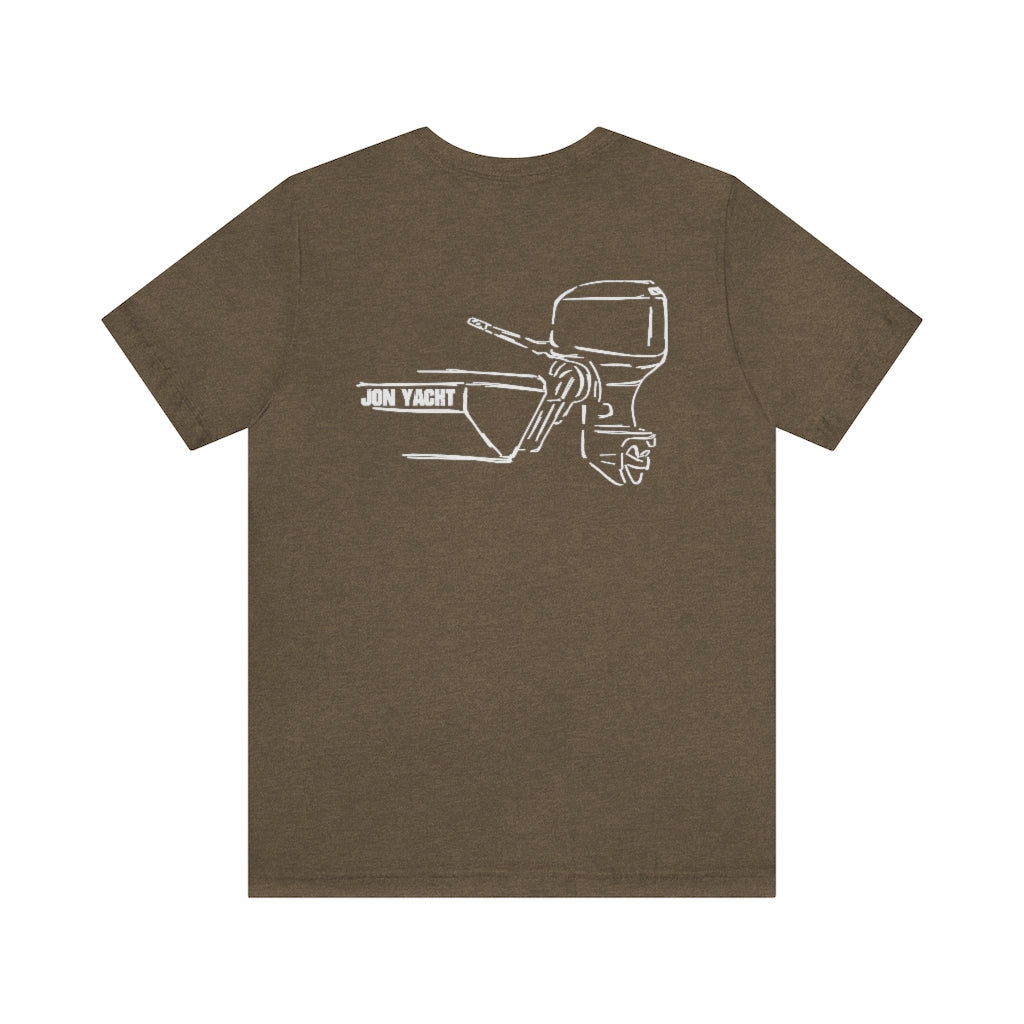 Brown cotton tee with white "JON YACHT" boat and MERC Tiller graphic on the back.